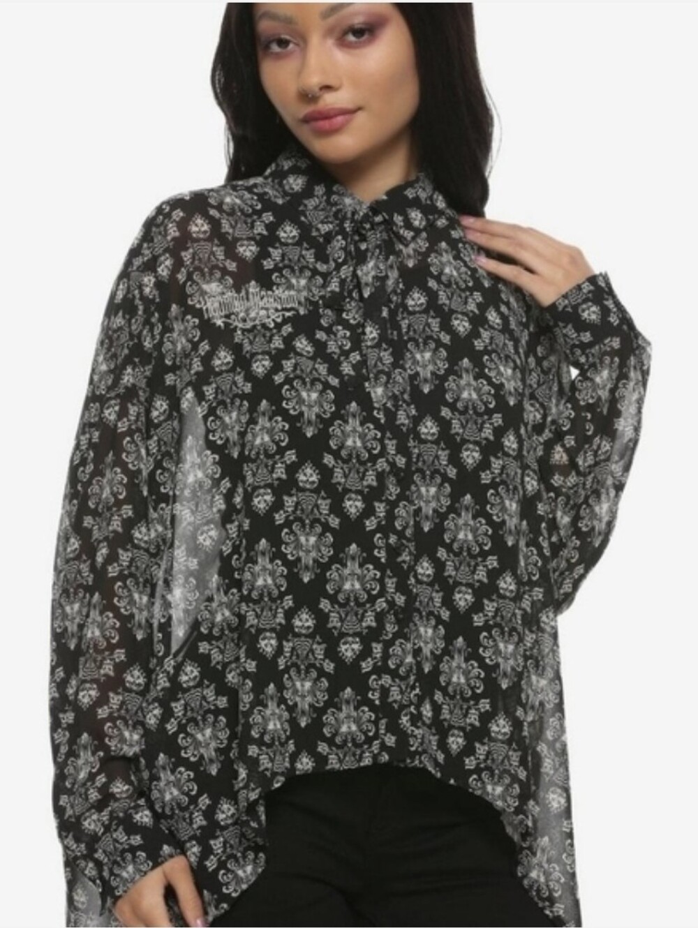 Her Universe Black Sheer Blouse with White Damask Print